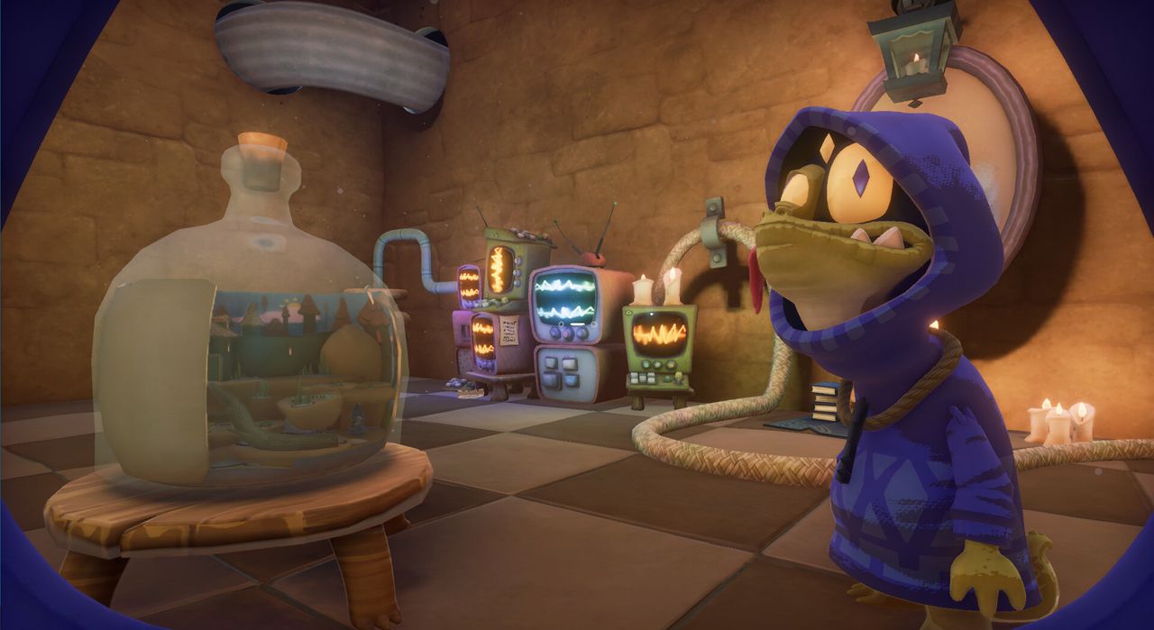 A cloaked lizard creature stands in the forground of a dungeon. In the background are a bunch of broken televisions.